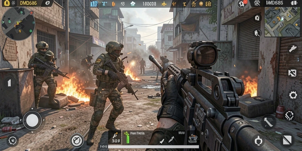 Tampilan gameplay DMD686 yang menegangkan dengan aksi FPS yang intens.
