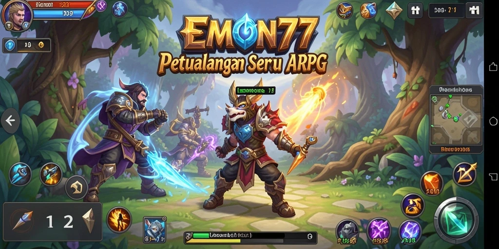 Screenshot EMON77 menampilkan aksi pertempuran ARPG yang seru.